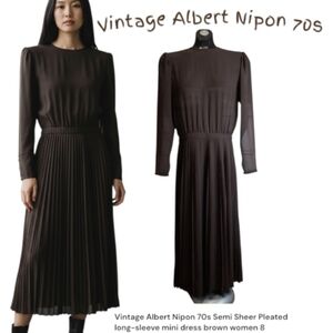 Vintage Albert Nipon 70s Semi Sheer Pleated long-sleeve mini dress brown women 8